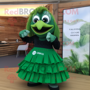 Forest Green Ceviche mascot costume character dressed with a Pleated Skirt and Digital watches