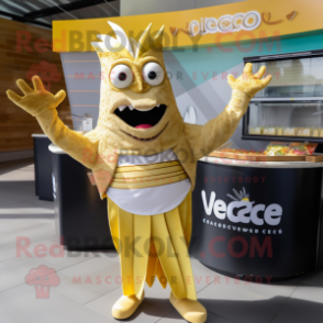 Gold Ceviche mascot costume character dressed with a V-Neck Tee and Wraps