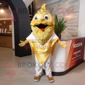 Gold Ceviche mascot costume character dressed with a V-Neck Tee and Wraps