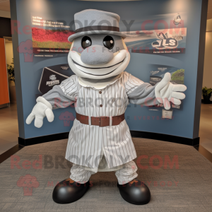 Gray Baseball Glove mascot costume character dressed with a Dress Shirt and Shawl pins