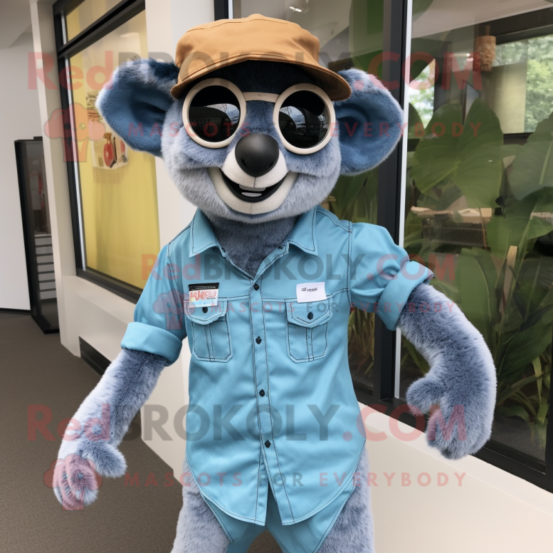 Sky Blue Lemur mascot costume character dressed with a Chambray Shirt and Belts