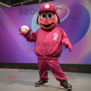 Magenta Baseball Ball mascot costume character dressed with a Sweatshirt and Hat pins