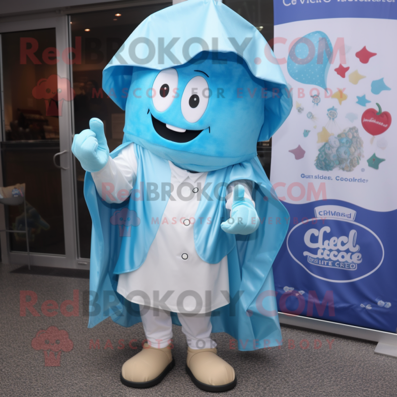 Sky Blue Clam Chowder mascot costume character dressed with a Raincoat and Pocket squares