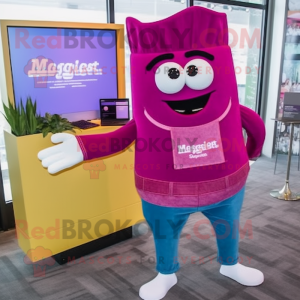 Magenta Lasagna mascot costume character dressed with a Jeans and Lapel pins