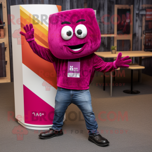 Magenta Lasagna mascot costume character dressed with a Jeans and Lapel pins