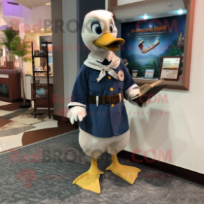 Navy Gosling mascot costume character dressed with a Dress Shirt and Wallets