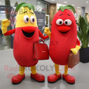 Red Banana mascot costume character dressed with a Midi Dress and Briefcases