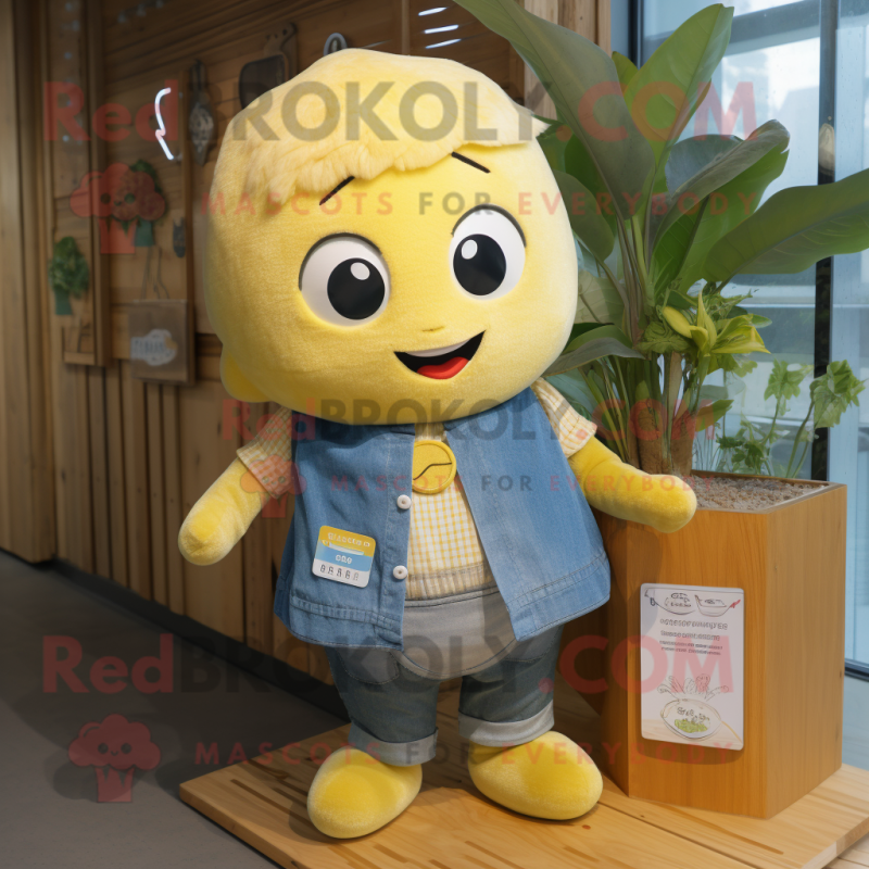Yellow Miso Soup mascot costume character dressed with a Chambray Shirt and Keychains