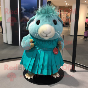 Teal Guinea Pig mascot costume character dressed with a Skirt and Earrings