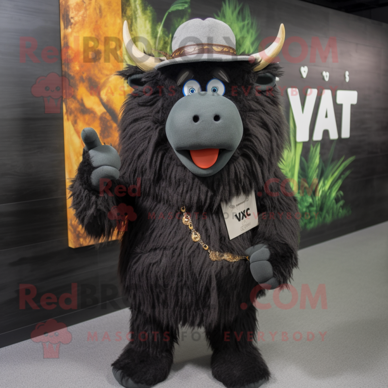 Black Yak mascot costume character dressed with a V-Neck Tee and Hats