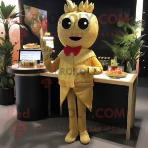 Gold Sushi mascot costume character dressed with a Cocktail Dress and Lapel pins
