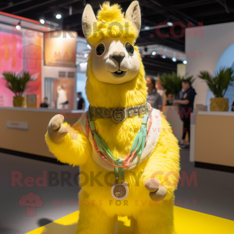 Lemon Yellow Llama mascot costume character dressed with a Tank Top and Necklaces Mascot Costumes Redbrokoly Sizes L 175 180CM