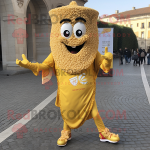 Gold Paella mascot costume character dressed with a Joggers and Keychains