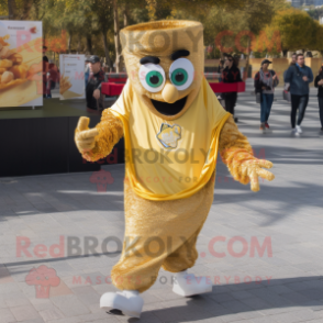 Gold Paella mascot costume character dressed with a Joggers and Keychains