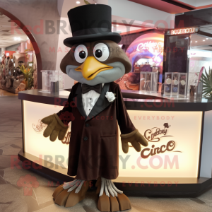 Brown Ceviche mascot costume character dressed with a Tuxedo and Bracelet watches
