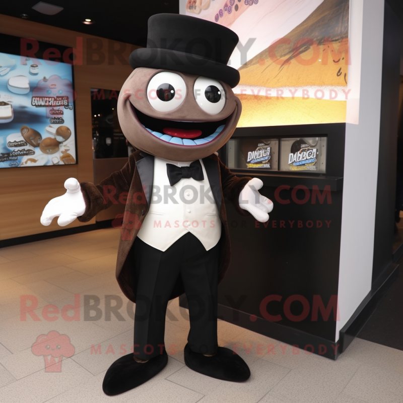 Brown Ceviche mascot costume character dressed with a Tuxedo and Bracelet watches