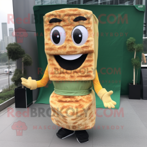 Olive Grilled Cheese Sandwich mascot costume character dressed with a Wrap Dress and Belts