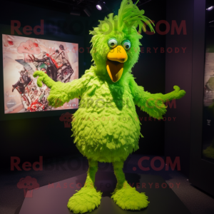 Lime Green Chicken mascot costume character dressed with a Romper and Hairpins