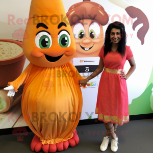 Peach Tikka Masala mascot costume character dressed with a Midi Dress and Keychains