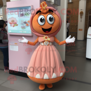 Peach Tikka Masala mascot costume character dressed with a Midi Dress and Keychains