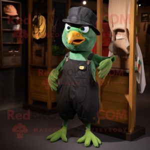 Green Crow mascot costume character dressed with a Dungarees and Keychains
