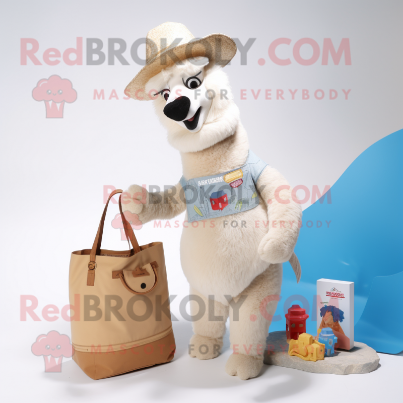 Beige Llama mascot costume character dressed with a Flare Jeans and Tote bags