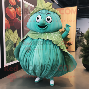 Teal Cabbage Leaf mascot costume character dressed with a Maxi Skirt and Foot pads