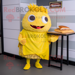 Lemon Yellow Pulled Pork Sandwich mascot costume character dressed with a Mini Skirt and Shawls