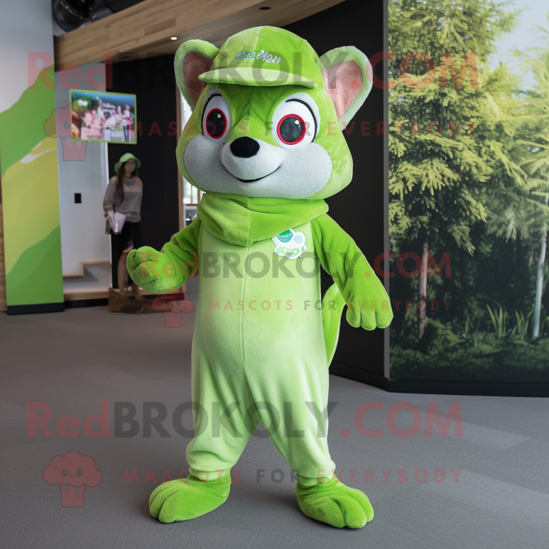 Lime Green Flying Squirrel mascot costume character dressed with a Overalls and Beanies