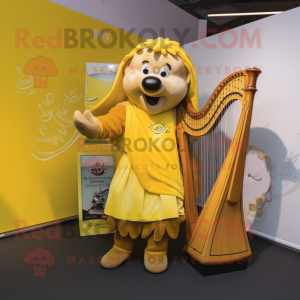 Yellow Celtic Harp mascot costume character dressed with a T-Shirt and Suspenders