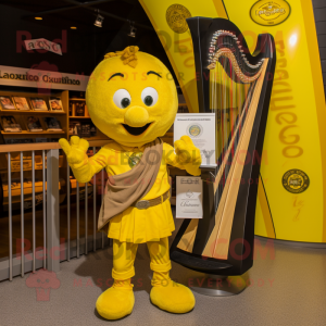 Yellow Celtic Harp mascot costume character dressed with a T-Shirt and Suspenders