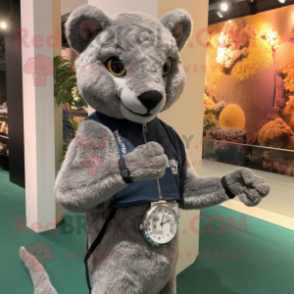 Silver Jaguarundi mascot costume character dressed with a Jeggings and Bracelet watches