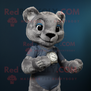 Silver Jaguarundi mascot costume character dressed with a Jeggings and Bracelet watches