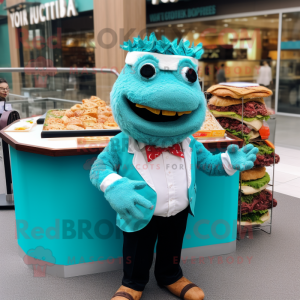 Turquoise Pulled Pork Sandwich mascot costume character dressed with a Suit Jacket and Headbands
