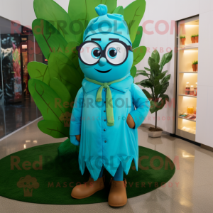 Teal Beanstalk mascot costume character dressed with a Raincoat and Eyeglasses