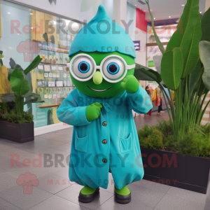 Teal Beanstalk mascot costume character dressed with a Raincoat and Eyeglasses