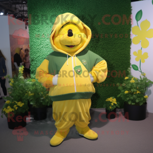 Yellow Bunch Of Shamrocks mascot costume character dressed with a Sweatshirt and Backpacks