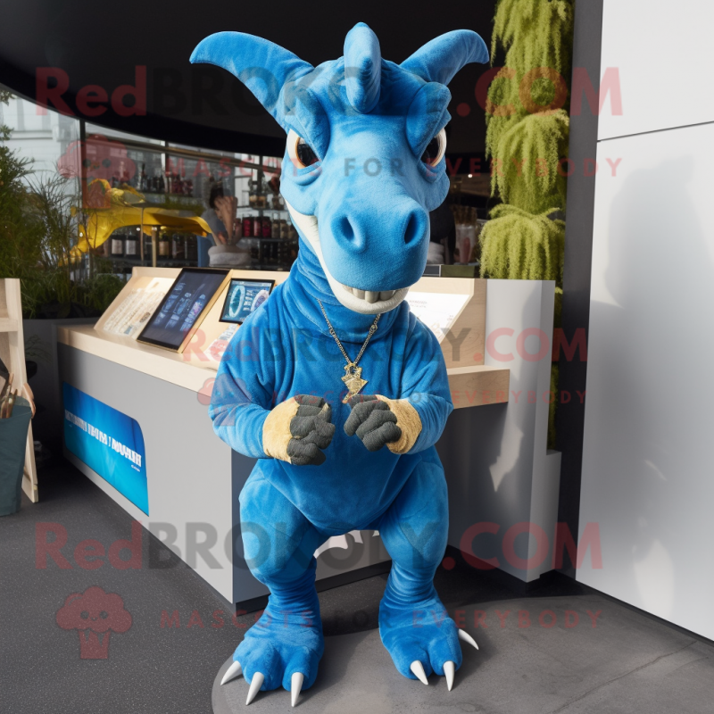 Blue Parasaurolophus mascot costume character dressed with a Sweatshirt and Coin purses