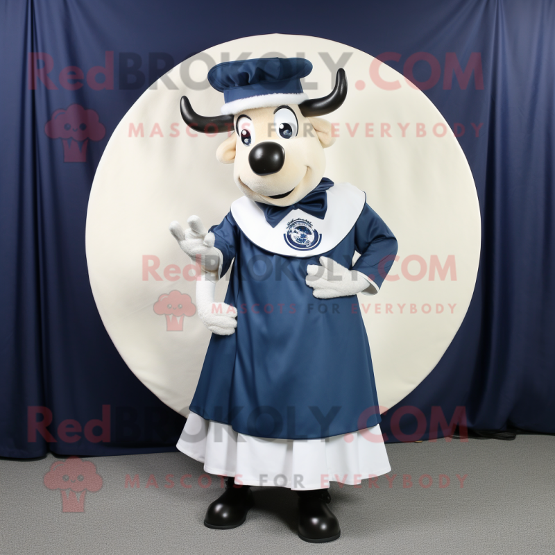 Navy Beef Stroganoff mascot costume character dressed with a Circle Skirt and Shawl pins