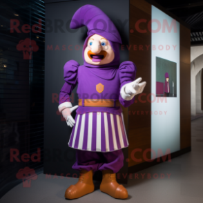 Purple Swiss Guard mascot costume character dressed with a Culottes and Belts