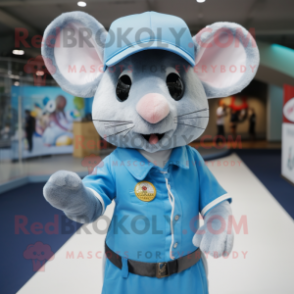 Sky Blue Rat mascot costume character dressed with a Polo Tee and Lapel pins