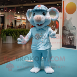 Sky Blue Rat mascot costume character dressed with a Polo Tee and Lapel pins