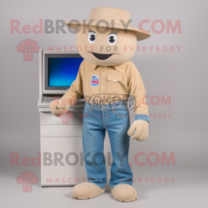 Beige Computer mascot costume character dressed with a Jeans and Beanies