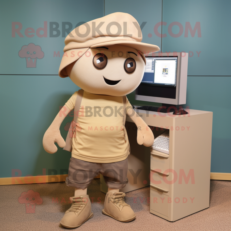 Beige Computer mascot costume character dressed with a Jeans and Beanies