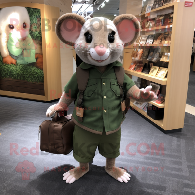 Forest Green Dormouse mascot costume character dressed with a Henley Shirt and Handbags