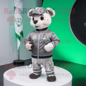 Silver Irish Flag mascot costume character dressed with a Bomber Jacket and Smartwatches