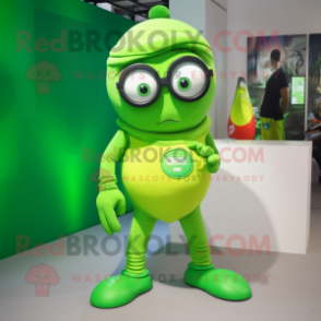 Lime Green Cyclops mascot costume character dressed with a Graphic Tee and Eyeglasses