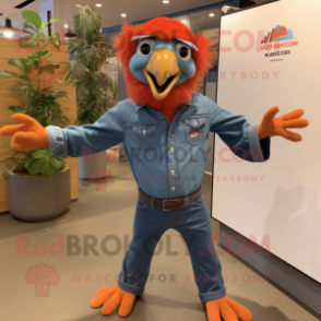 Orange Vulture mascot costume character dressed with a Denim Shorts and Pocket squares