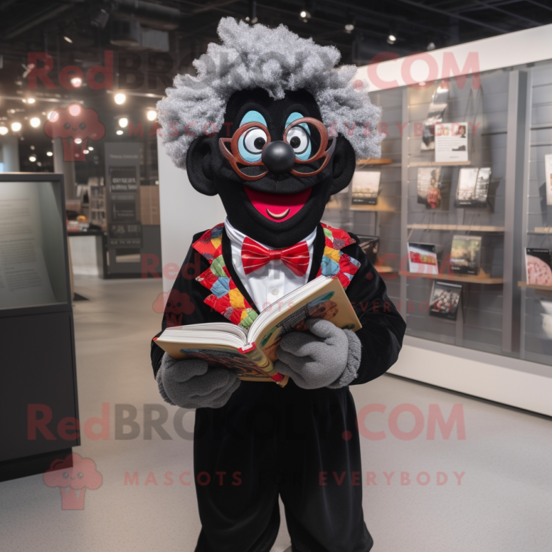 Black Clown mascot costume character dressed with a Dress Shirt and Reading glasses