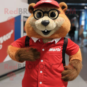 Red Marmot mascot costume character dressed with a Button-Up Shirt and Watches